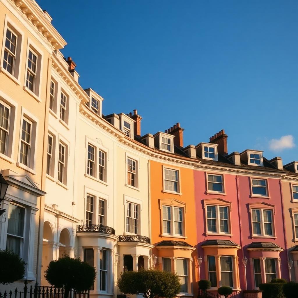 A row of British terraced houses at golden hour